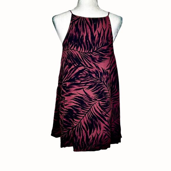 Vans Fern Print Wine and Black High Neck Spaghetti Strap Mini Swing Dress - Picture 2 of 5